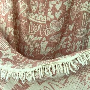 Woven With Love Fringed Pink Love Blanket Size Full Queen Cotton Clay Pink EUC
